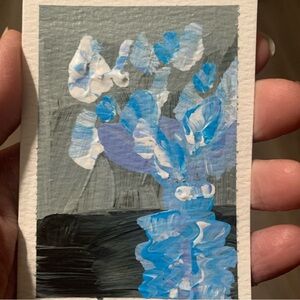 ACEO Original acrylic painting Abstract Blue and Gray Floral Miniature Art